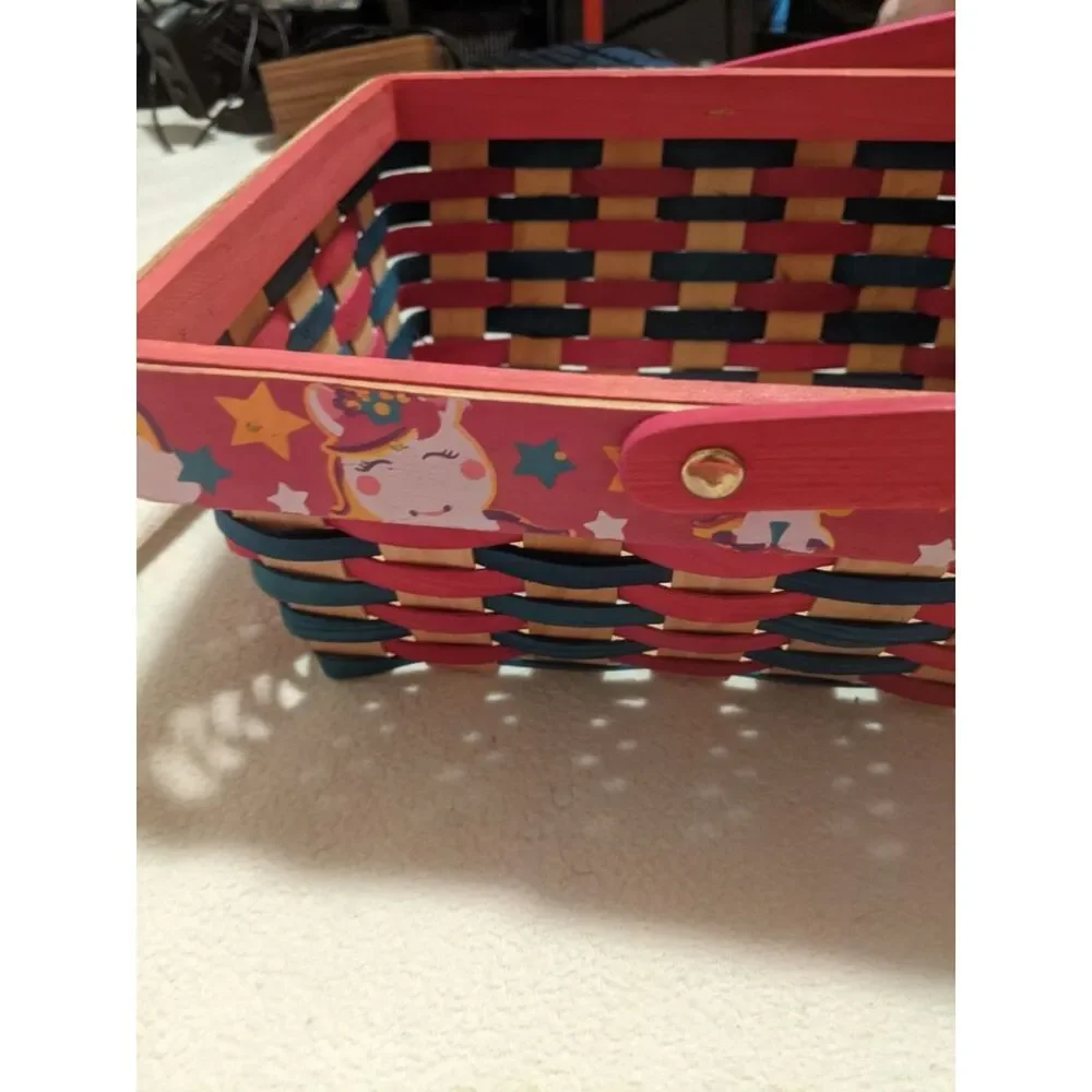 Woven Wood Unicorn & Rainbow Basket Pink Blue Kids Room Storage Decor